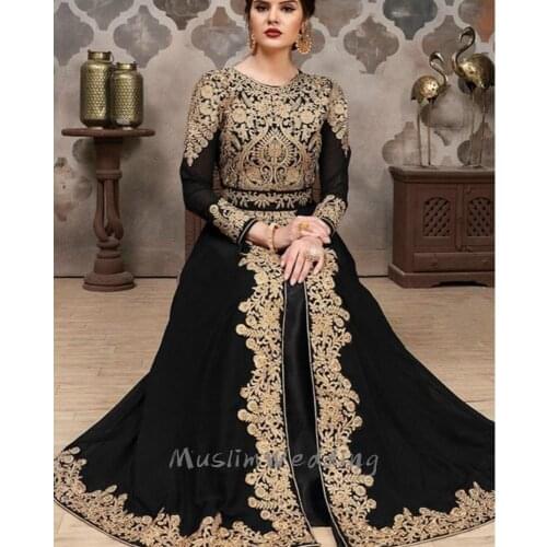 Elegant Muslim Long Prom Dresses With Gold Appliques Vintage Kaftan Abaya Evening Dress 2020 Satin Formal Party Gowns Plus Size