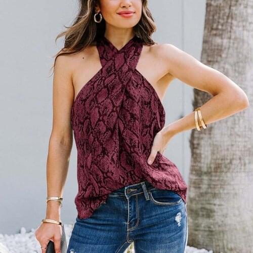 Fashion New Hanging Neck Cross Suspender T-shirt Women Summer Sexy Sleeveless Snake Print Casual Streetwear Female T Shirt