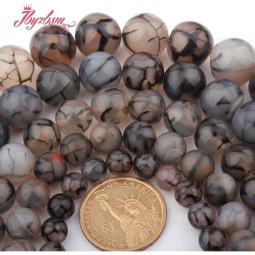 Smooth Round Cracked Black Agates Natural Stone Loose Beads for Women Men DIY Accessorie Necklace Bracelet Jewelry Making 15"