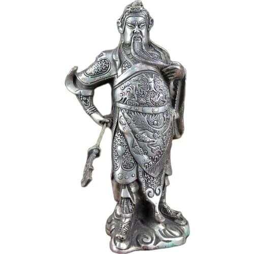 China Old Feng Shui Ornaments White Copper Silver Plating Guan Gong Statue