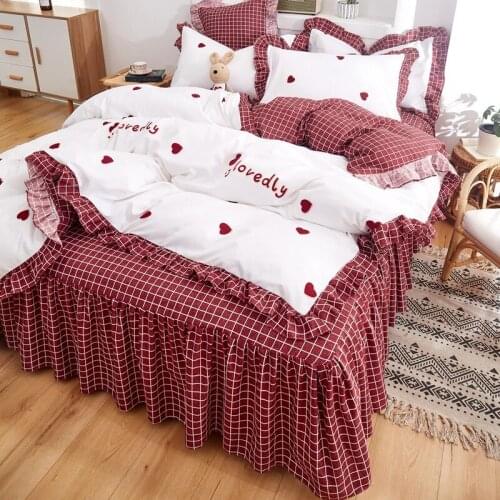 Duvet Cover Set Red Heart Plant Cashmere Bed Skirt 4PCS Thick Sanding Korean Princess Style Double Bed Single Bedding Set