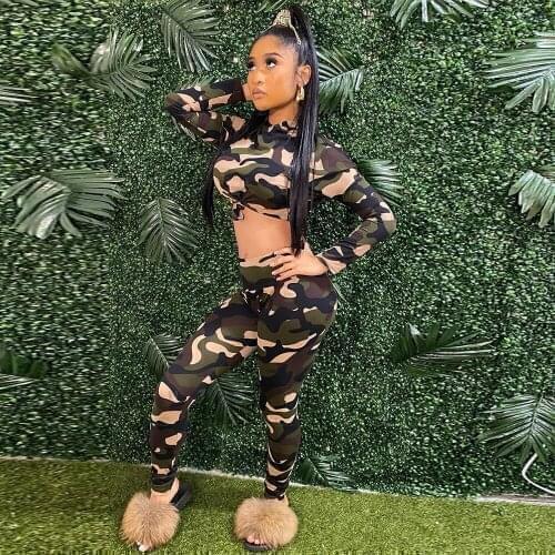 Camouflage Print Two Piece Pant Suit for Women Long Sleeve Slim Fit Crop Top+skinny Legging Casual Autumn Sporty Club Outfits