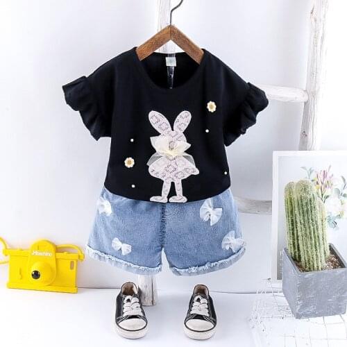 Baby Girl Suit 2021 Summer Short-sleeved Suit Lace Bow Rabbit Shirt + Denim Shorts Cute Childrens Clothing