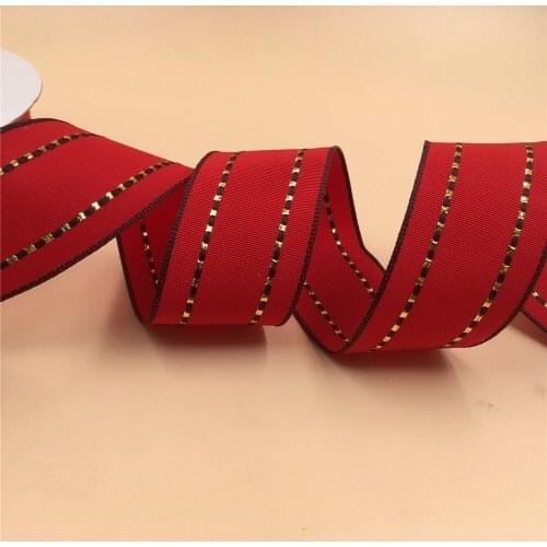 38MM 25yards Wired Edge Red Grosgrain Ribbon W/ Gold Stitches Lines for Festival Christmas Decoration New Year Gift wrapping