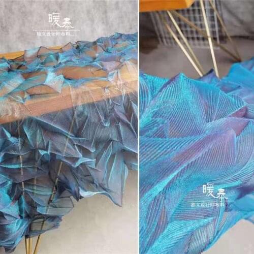 Transparent Pleated Tulle Fabric Blue Red Gradient Miyake Style Folds DIY Patchwork Decor Skirt Wedding Dress Designer Fabric