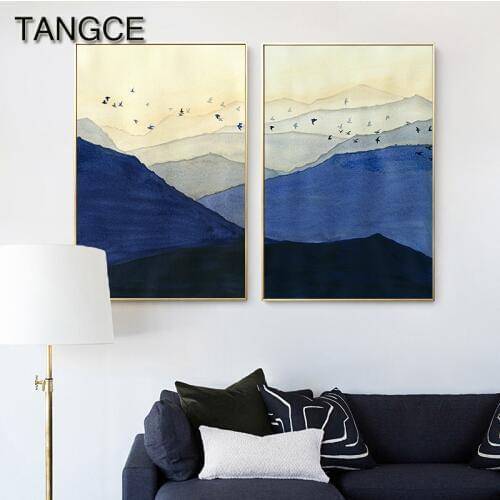 New Chinese Style Blue Black Mountain Canvas Painting Modern Landscape Poster Print for Living Room Abstract Wall Art Picture HD