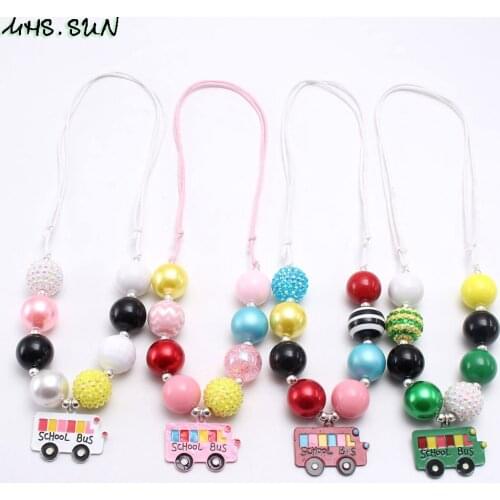MHS.SUN Cute Design Girl Chunky Beads Necklace Fashion School Bus Pendant Baby Adjustale Rope Necklace For Child Kids Gift