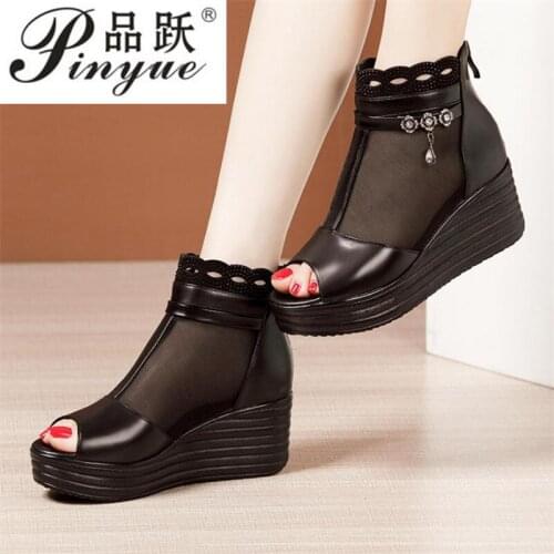 Size 33-43 Open Head Platform Wedges Shoes Summer 2021 Breathable Mesh Medium Heel Boots Women OL Office Footwear