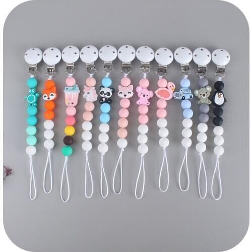 New Baby Teethers Silicone Create Cartoon Animals Baby Pacifier Clips Food Grade Bead Pacifier Chain Baby Teether Chew Toys