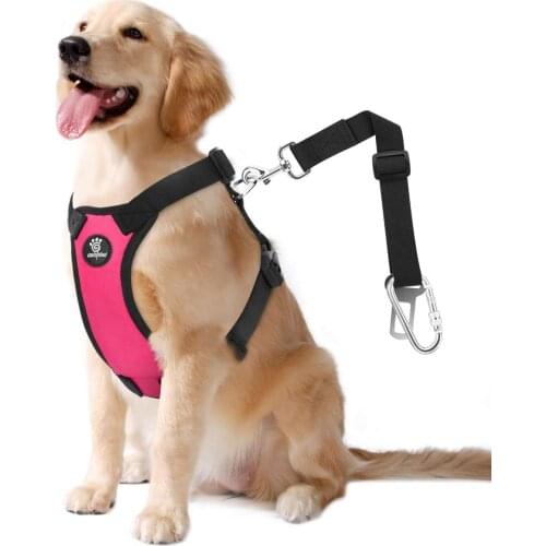 Dog Vehicle Safety Vest Harness, Adjustable Soft Padded Mesh Car Seat Belt Leash Harness with Travel Strap and Carabiner for Car