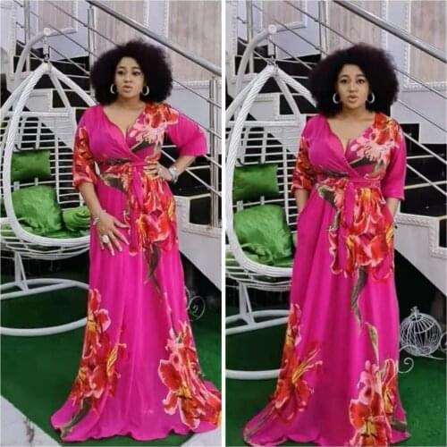 Boho Flower Print Spring Dress V Neck Sashes Vintage Long Maxi Dresses Rose Red Sundress A-Line High Waist Women Clothes 2021