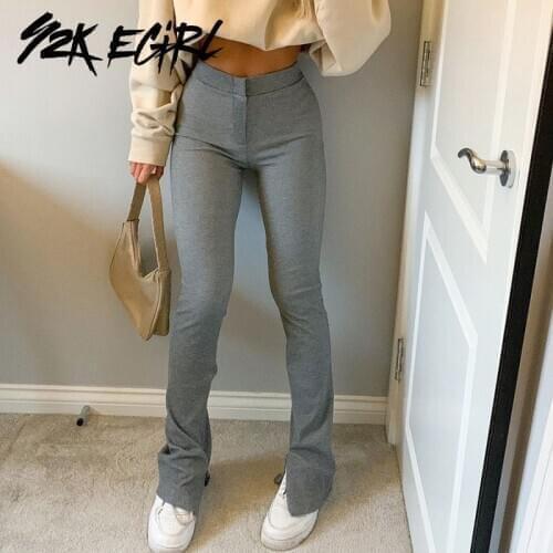Y2K EGIRL Vintage Indie Streetwear Basic Solid Flare Pants 90s Fashion High Waist Slit Hem Brown Trousers Spring Slim Bottoms