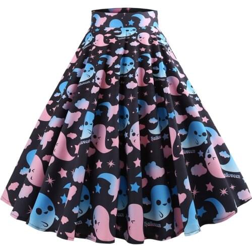 Big Pendulum Skirt Ghost Printed High Wasit Swing Dance Party Knee Length Zipper Full CIrcle Skirt Summer Women Casual Shirts