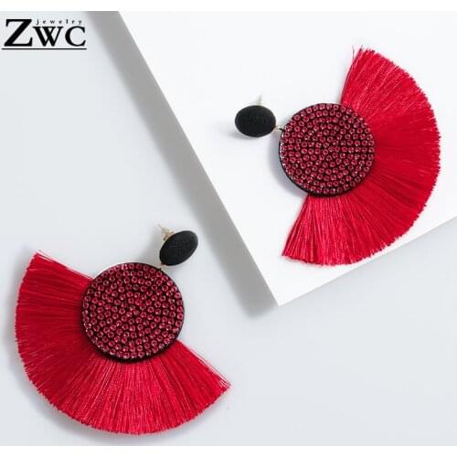 ZWC Fashion Exaggerated Bohemian Statement Color Crystal Round Long Tassel Earrings for Women Big Fringed Drop Earrings Jewelry