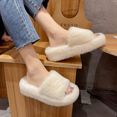 2021 Fashion Women Thick-Sole Slippers Furry Fur Slides Home Full Fur Flops Fluffy Plush House Shoes Female Winter Warm Slippers