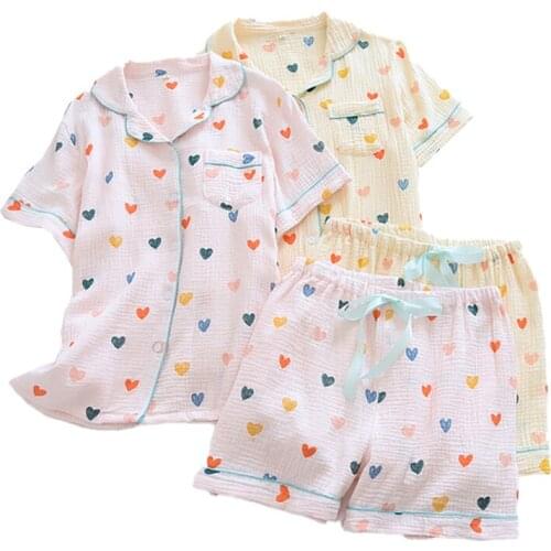 Summer Women Cute Heart Print Pajama Set Comfort Loose 2Pcs Fresh Style Ladies Sleepwear Turn-Down Collar Soft Sweet Casual Wear