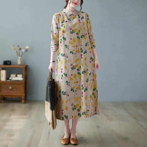 2021 New Arrival Chinese Style Vintage Dress Cheongsam Robes Cotton Linen Split Print Floral Women Casual Autumn Spring Dress