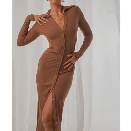 BKLD 2021 Retro Fashion Sexy Dress Turndown Collar Long Sleeve Single-breasted Split Cut Out Slim Mid-waist Elegant Long Dresses