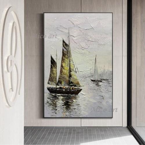 Pure Handmade Texture Abstract Oil Painting Sailing Boat Ship Picture Paintings Canvas Wall Art No Frame Living Room Decor