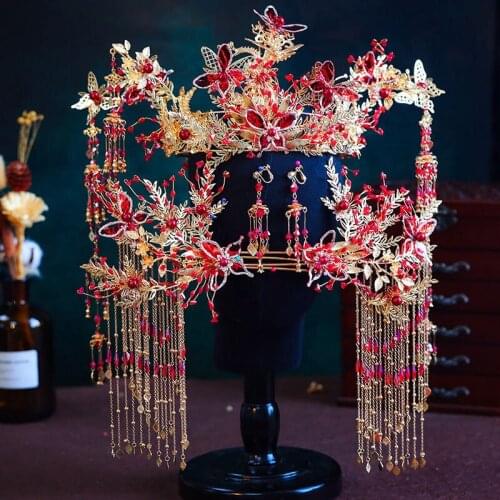Phoenix crown ancient wedding hair accessories red costume (phoenix crown + two hairpins + ear clip earrings)