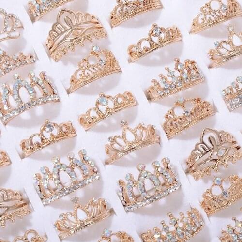 10Pcs Mixed Rhinestone Crown Rings Trendy Crystal Finger Rings for Women and Girls Party Jewelry Accessories Wholesale Lots