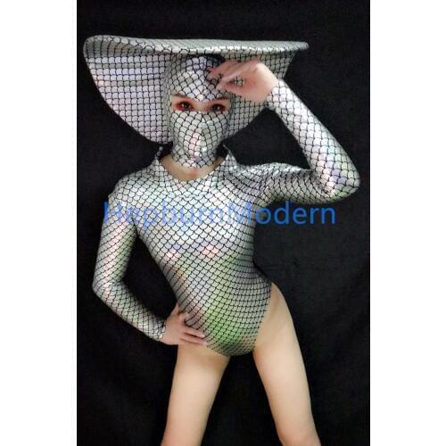 Bar gogo ds laser costume illusion fish scales mysterious masked mermaid conjoined round headwear stage dance costumes