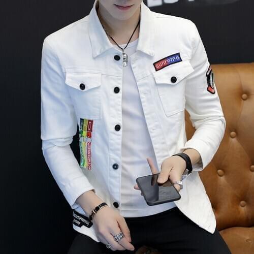 New Men Denim Jacket Short Coat Black White Red Single Breasted Pockets Slim Fit Spring Autumn Outwear Letters Pattern E10