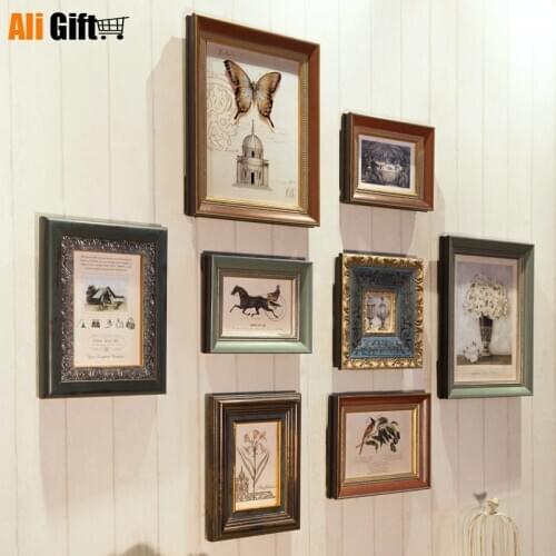 European Style 8 pcs Retro Wooden Photo Frame Set,Combination Picture Frame Home Decor,Classic Hanging Wall Photo Frames Multi