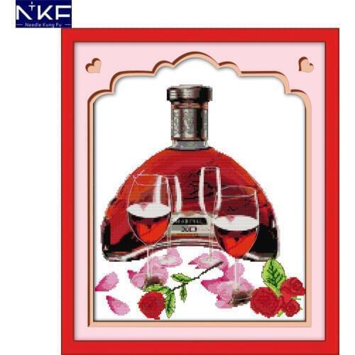 NKF Roses Red Wine Counted Cross Stitch Printed Cross Stitch DIY Cross Stitch Kits for Embroidery Home Decor Needlework Sets