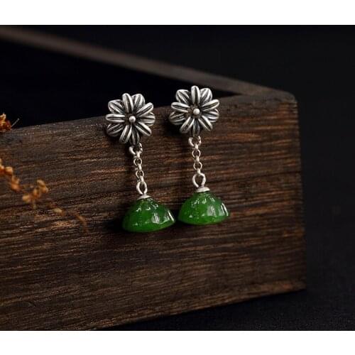 New Fashion silver S925 pure silver natural Hetian jade jade antique mosaic lotus lady high-end earrings earrings wholesale