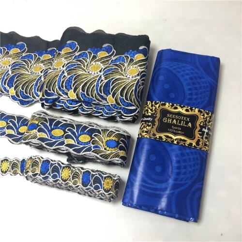 New Pure Cotton African Ghalila Bazin Riche Fabric 5yards with 3pcs 5yards cord lace matching guipure lace fabric with bazin