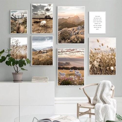 Grassland Sheep Deer Landscape Painting Hay Print Mountain Sunshine Canvas Poster Nordic Wall Pictures For Living Room Decor