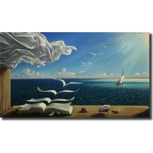 100% Hand Painted Landscape The Waves Book Sailboat Canvas Painting Living Room Home Decor Modern Wall Art Oil Painting Poster