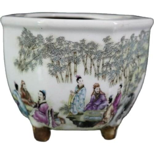 Early collection of famille rose, bamboo grove, seven sages, pattern flowerpots, antique porcelain, home decoration and ornament