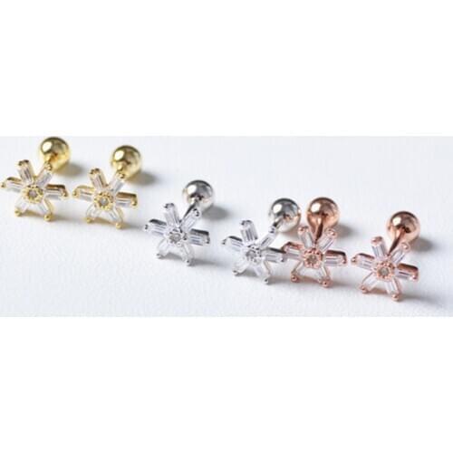 925 Sterling Silver Earring Mini Six-Petal Flower Zircon Screw Stud Ear Sweet Cute Ear Bone Nail Female Girl Silver Ear Jewelry