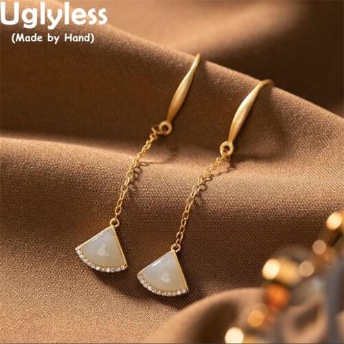 Uglyless MINI Gemstones Triangle Earrings for Women Nature Hotan Jade Geometric Brincos Crystals Brincos Bijoux 925 Silver Jewel