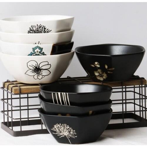 Hexagonal Ceramic Household Rice Bowl 5 Inch Small Bowl Porridge Bowl Breakfast Bowl Thickened Hand Painted Simple Black Bowl