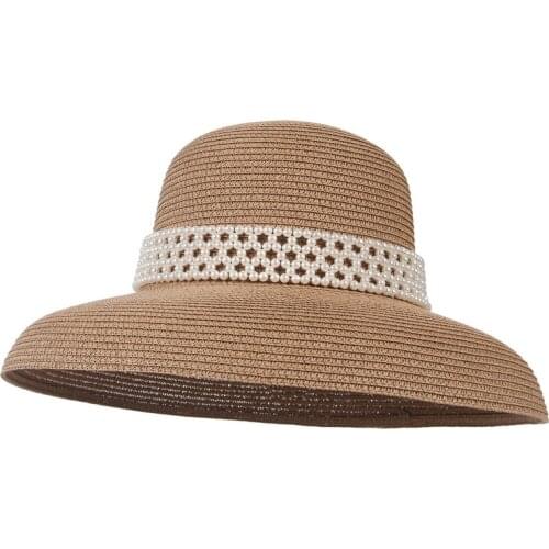 Handmade Women Summer Sun Hat With Pearl Big Eaves Beach Japanese Style Holiday Straw Hat Temperament Cap