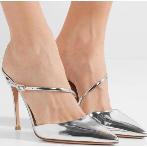 Sexy Slippers Womens Sandals Pointed Light Mouth Silver Night Party Pumps Buckle Thin Heels High Heeled Womens Shoes Slides