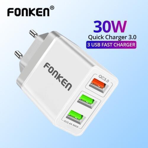 FONKEN 3 USB Fast Charger 30W Wall Charger Adapter QC3.0 Fast Charge Mobile Phone Charging Max 30W Carregador For Samsung Huawei