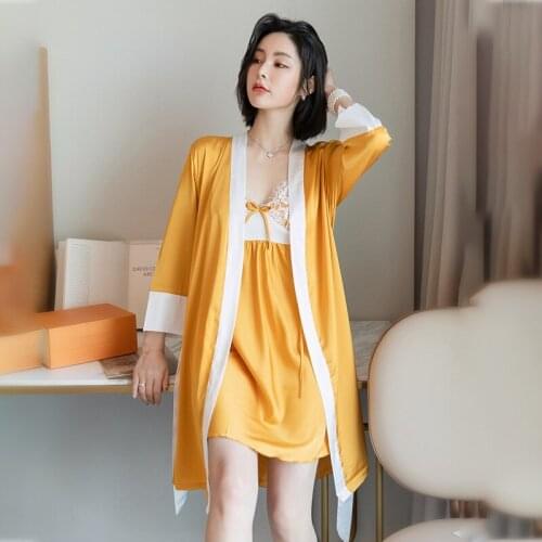 Yellow Casual Faux Silk Robe Suit Sexy V-Neck Nightdress Spring Summer Bathrobe Lace Bow Sleepwear With Bra Intimate Home Dress
