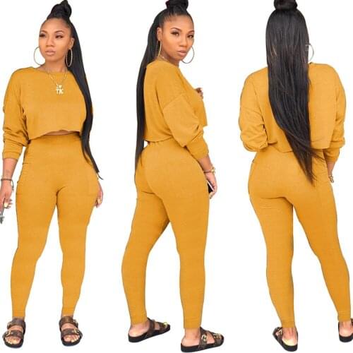 Womens Two Piece Sport Clothes Fashion Solid Color Long Sleeve Pullover Top and High Waist Pocket Trousers Outfits