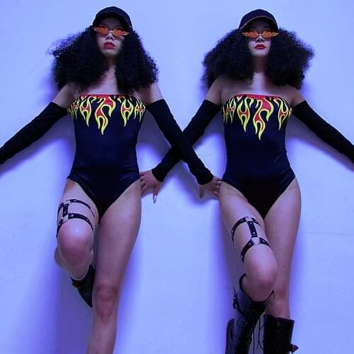 Women Sexy Flame Jumpsuit Gogo Costumes Ladies Nightclub Ds Bar Dj Jazz Dance for Girl Hiphop Black Bodysuit Rave Clothes XS2077
