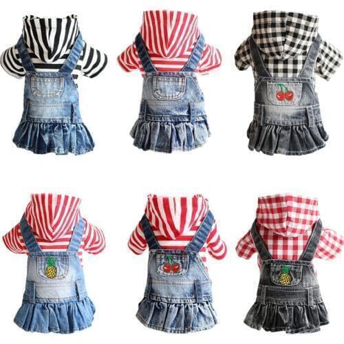 XS-2XL Dog Jean Dress Pet Clothes For Dogs Stripe Puppy Clothes Small Dog Hoodie Coat Cute Dog Plaid Embroidered Denim Skirt