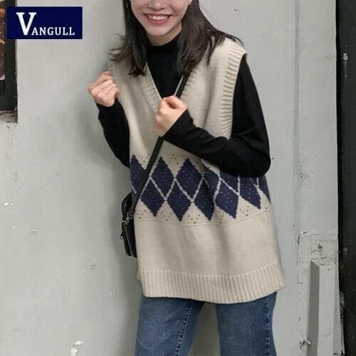 Vangull Argyle British style Sweater Vest Women Vintage V-Neck Pullover Sleeveless Preppy Loose Vest 2020 Spring Autumn Tops