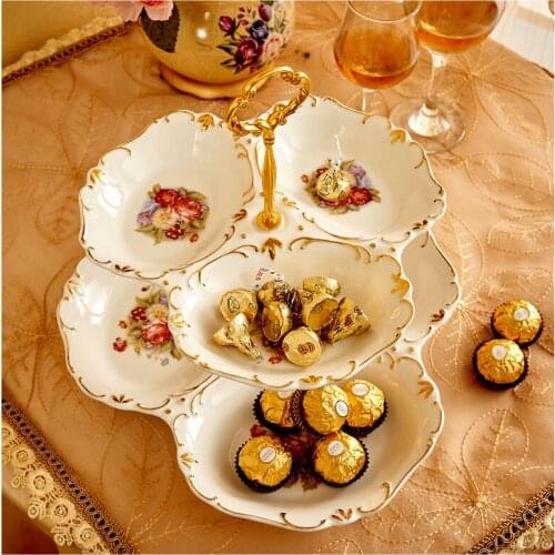 Zq Ceramic Double Deck Fruit Plate Modern Creative Living Room European Dim Sum Plate Candy Plate