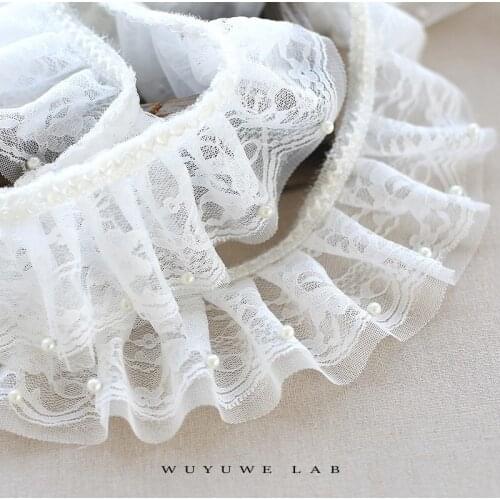 1m White Pleated Beaded Mesh Flowers Lace Trims Ribbon for Wedding Dress Fabric Sewing Applique Collar Guipure Accessories 8cm