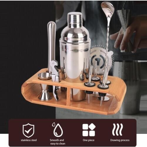 12Pcs/Set Cocktail Shaker Set With Stylish Wooden Stand Professional Bartender Stainless Steel Bartending Kit For Bar Party