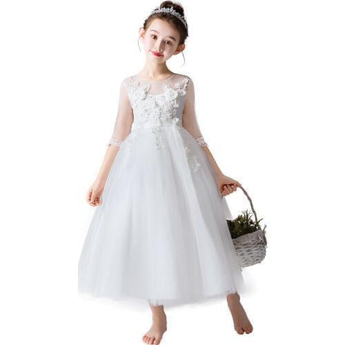 White Lace Mesh Three Quarters Sleeves Flower Girls Dresses Sheer O Neck Tulle Floor Length Princess Kids Pageant Ball Gowns