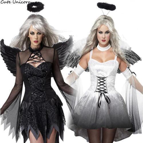 White Black Devil Fallen Angel Costume Women Sexy Halloween Party Clothes Adult Gothic Witch Costumes Fancy Dress+Headwear+Wing